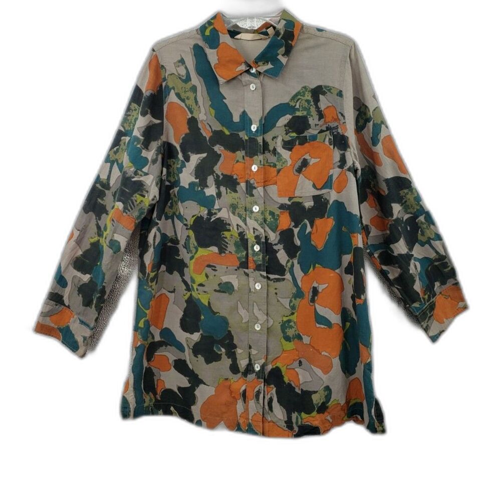 Soft Surroundings Button Up Shirt Size S Petite Taupe Multi Watercolor Abstract